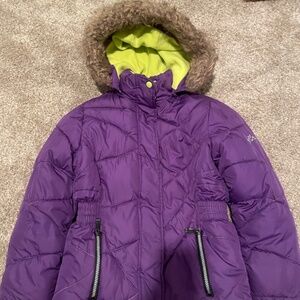 girls purple and green puffer coat